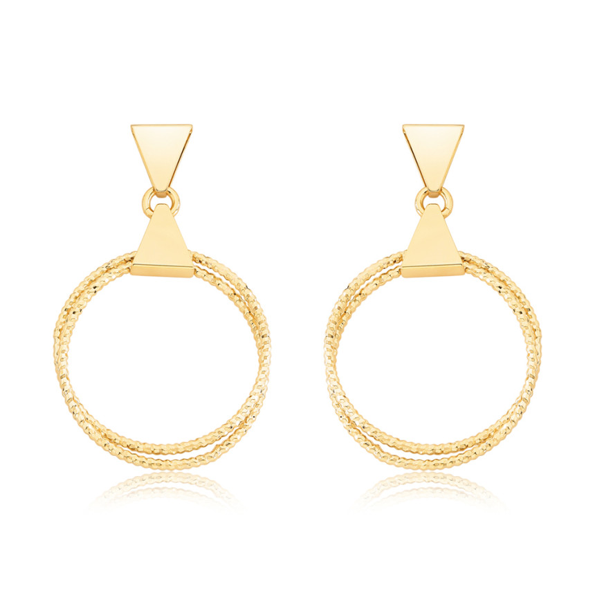 Brinco Triângulos Lisos c/ Aros Suspensos Diamantados Liso Folheado a Ouro 18k