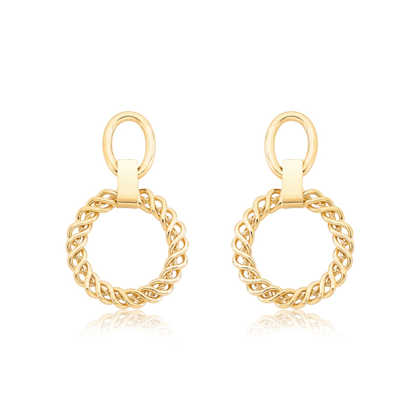 Brinco Elo Oval Liso c/ Guirlanda Suspensa Folheado a Ouro 18k
