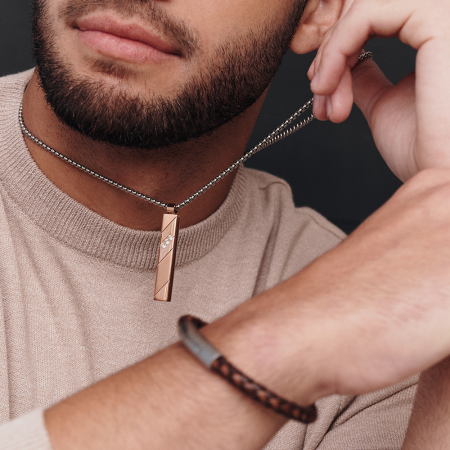 Corrente Aço Veneziana c/ Placa Rosê Lisa / Acetinada e 3 Zircônias