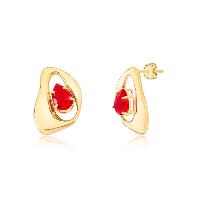 Brinco Melt c/ Gota Zircônia Rubi Folheado a Ouro 18k