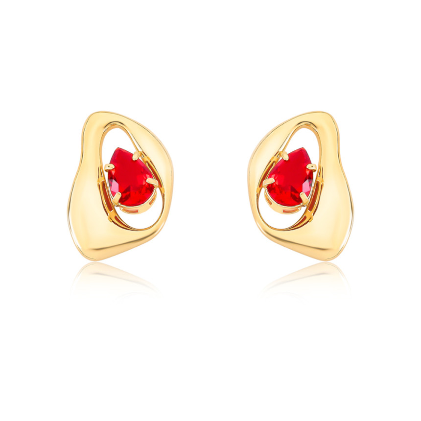 Brinco Melt c/ Gota Zircônia Rubi Folheado a Ouro 18k