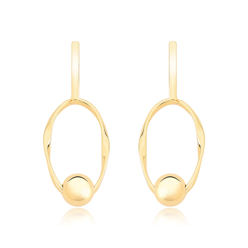 Brinco Oval Vazado c/ Esfera Lisa Folheado a Ouro 18k