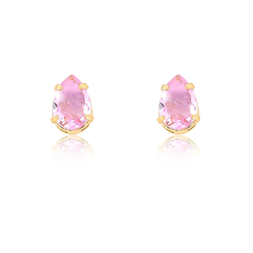 Brinco Fixo Zircônia Gota Rosa 10mm Folheado a Ouro 18k