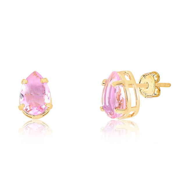 Brinco Fixo Zircônia Gota Rosa 10mm Folheado a Ouro 18k
