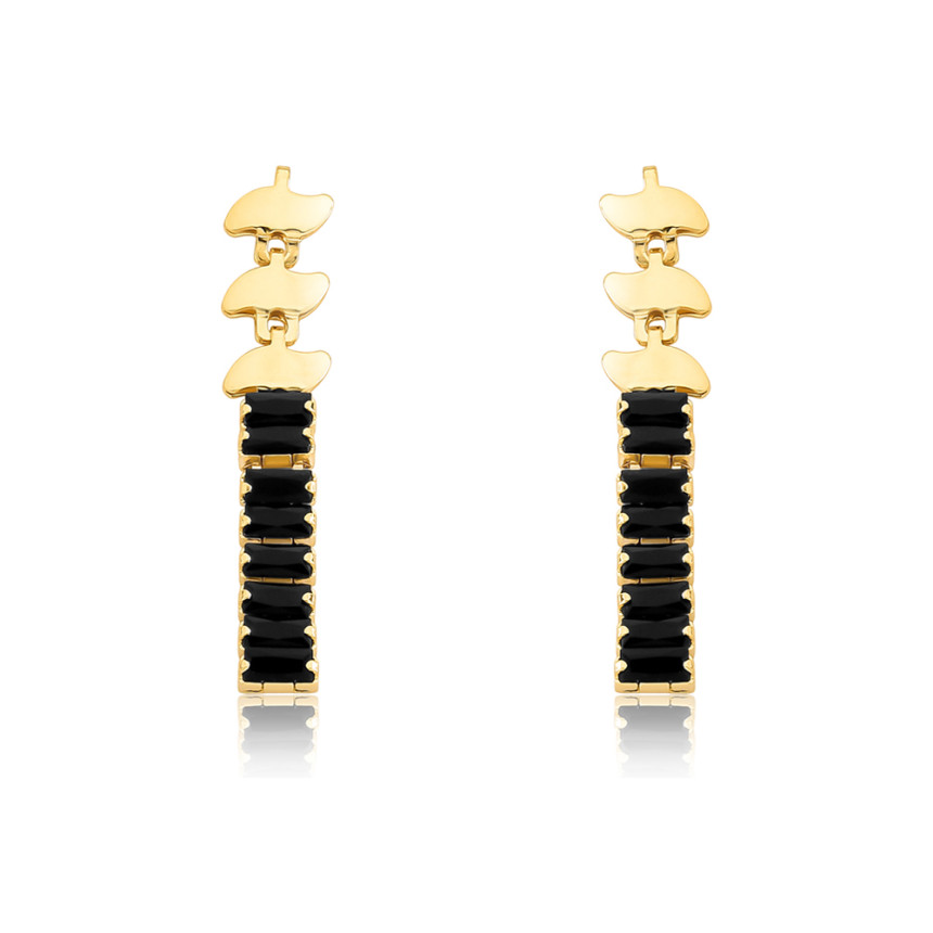 Brinco Riviera Baguete Negra Suspensa Folheado a Ouro 18k