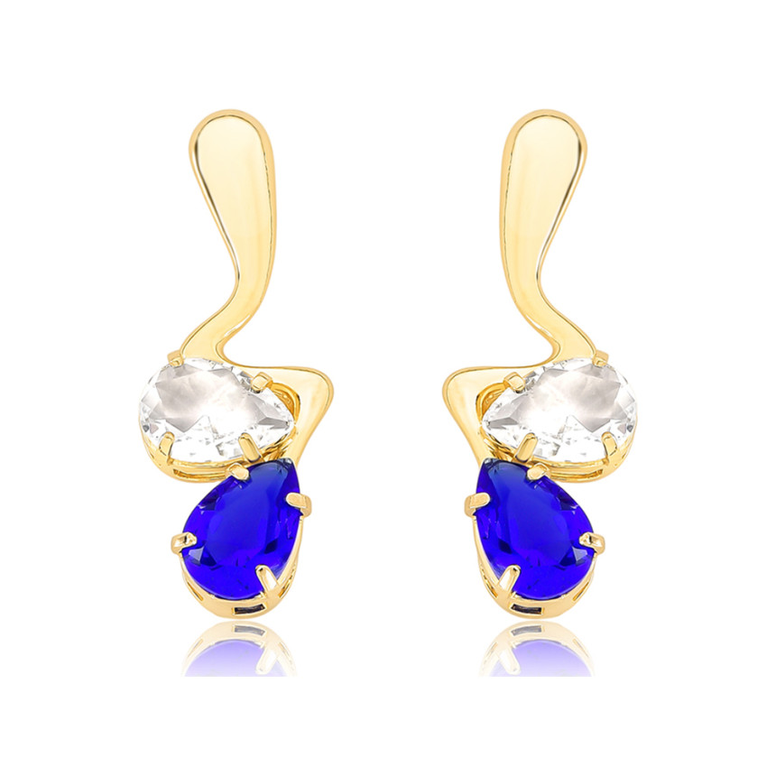 Brinco Base Gota Lisa e Zircônia Gota Cristal e Azul Folheado a Ouro 18k