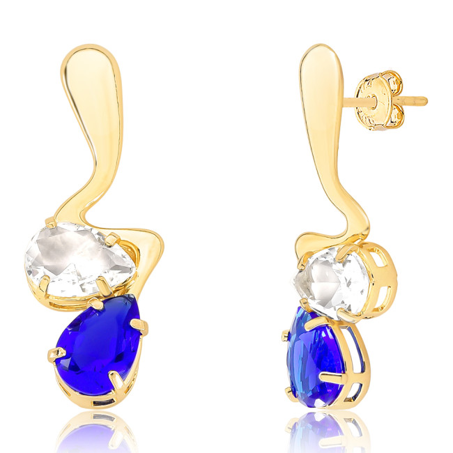 Brinco Base Gota Lisa e Zircônia Gota Cristal e Azul Folheado a Ouro 18k