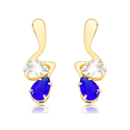 Brinco Base Gota Lisa e Zircônia Gota Cristal e Azul Folheado a Ouro 18k