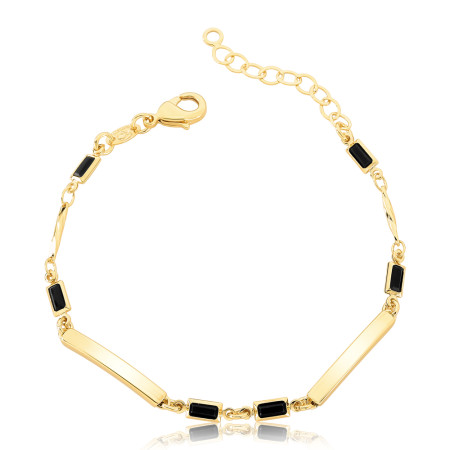 Pulseira c/ Zircônias Negras e Tubos quadrados Folheada a Ouro 18k