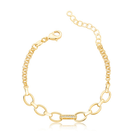 Pulseira Portuguesa c/ Elos Ovais e Detalhe Cravejado Folheada a Ouro 18k