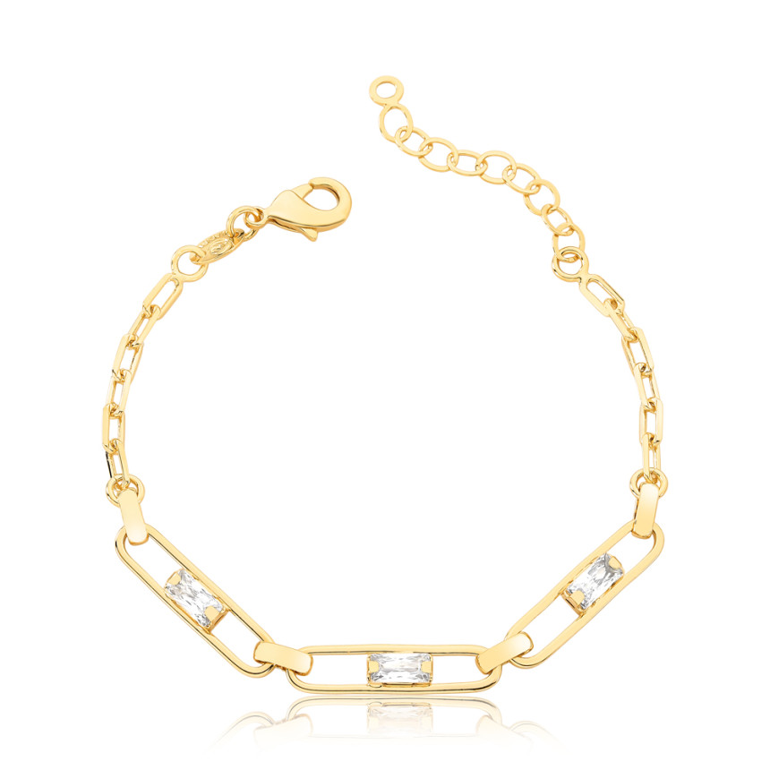 Pulseira Cartier c/ 3 Zircônias Retangulares Folheada a Ouro 18k