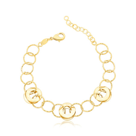 Pulseira Elos Lisos c/ Aros Trabalhados e Lisos Folheada a Ouro 18k