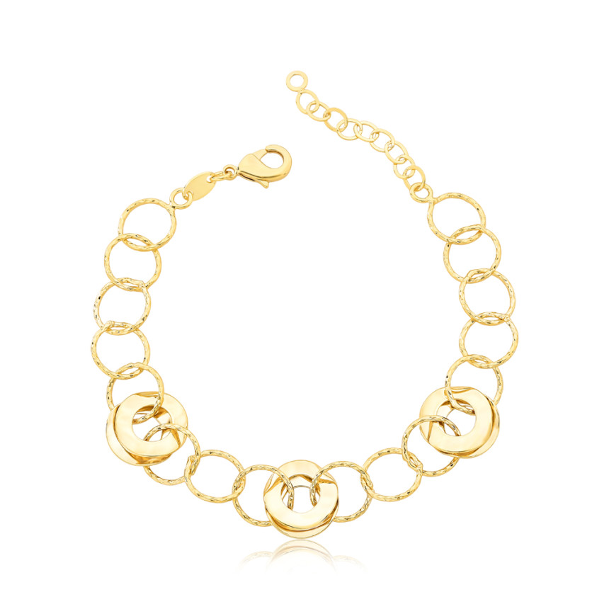 Pulseira Elos Lisos c/ Aros Trabalhados e Lisos Folheada a Ouro 18k