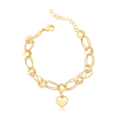 Pulseira Elos Lisos c/ Aros Trabalhados e Coração Liso Folheada a Ouro 18k