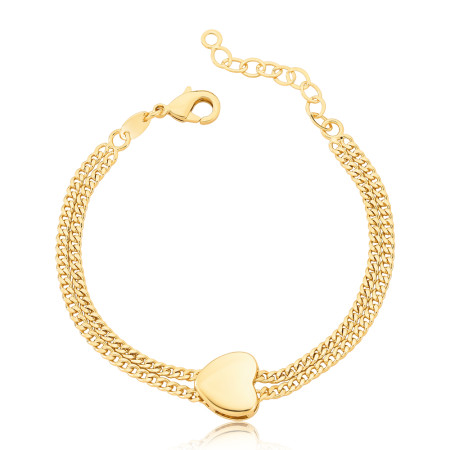 Pulseira Grumet Dupla c/ Coração Liso Central Folheada a Ouro 18k