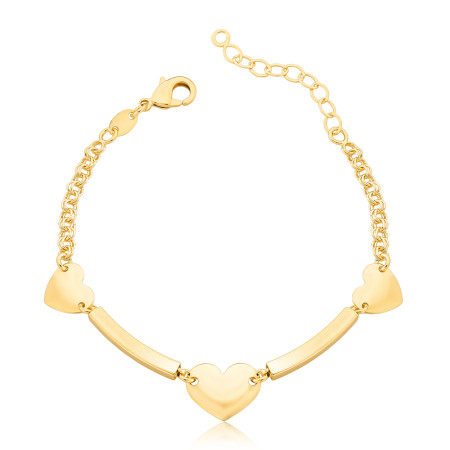Pulseira Corações Lisos e Tubos Quadrados Folheada a Ouro 18k