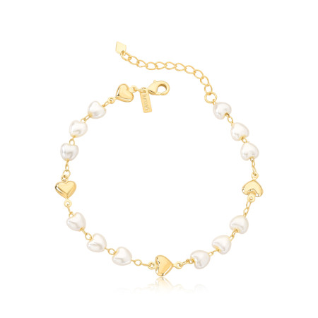 Pulseira Corações Lisos e Pérolas Folheada a Ouro 18K
