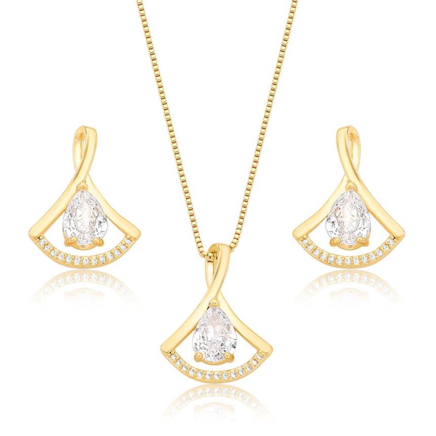 Conjunto Leque Vazado Cravejado c/ Gota Central Zircônia Folheado a Ouro 18K