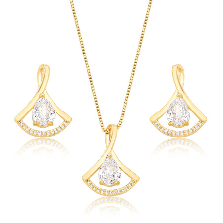 Conjunto Leque Vazado Cravejado c/ Gota Central Zircônia Folheado a Ouro 18K