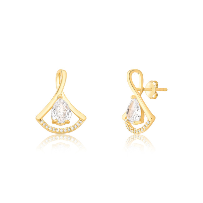 Conjunto Leque Vazado Cravejado c/ Gota Central Zircônia Folheado a Ouro 18K