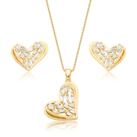 Conjunto Coração Vazado Cravejado c/ Zircônias Baguete Folheado a Ouro 18K