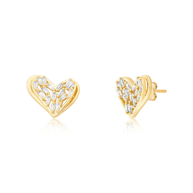 Conjunto Coração Vazado Cravejado c/ Zircônias Baguete Folheado a Ouro 18K