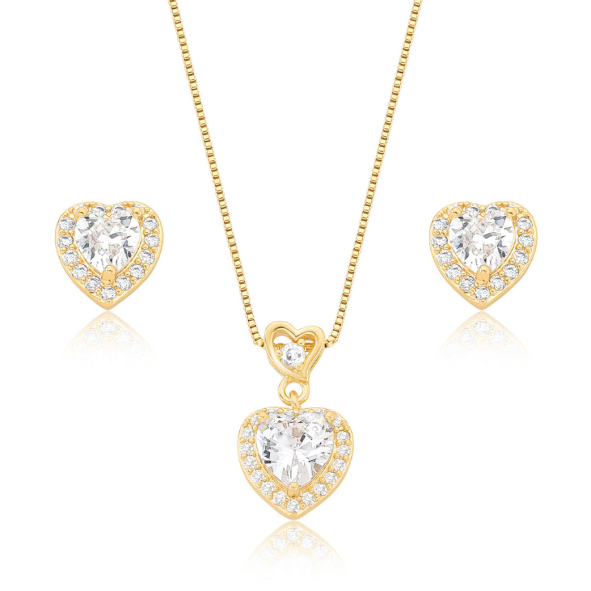 Conjunto Coração Ponto Luz Borda Cravejada 10mm Folheado a Ouro 18K