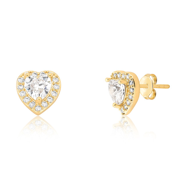 Conjunto Coração Ponto Luz Borda Cravejada 10mm Folheado a Ouro 18K