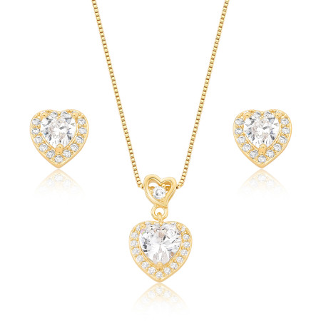 Conjunto Coração Ponto Luz Borda Cravejada 10mm Folheado a Ouro 18K
