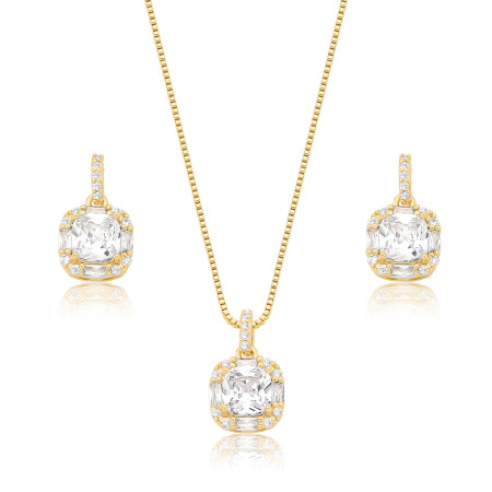 Conjunto Quadrado Ponto Luz Borda Cravejada 9mm Folheado a Ouro 18K