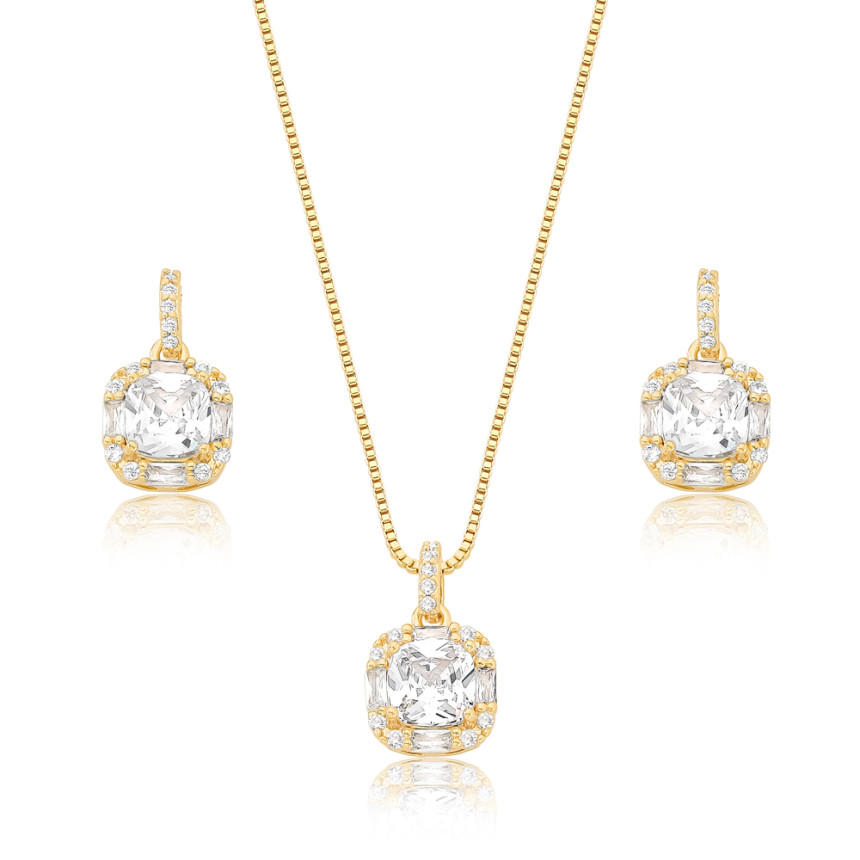 Conjunto Quadrado Ponto Luz Borda Cravejada 9mm Folheado a Ouro 18K
