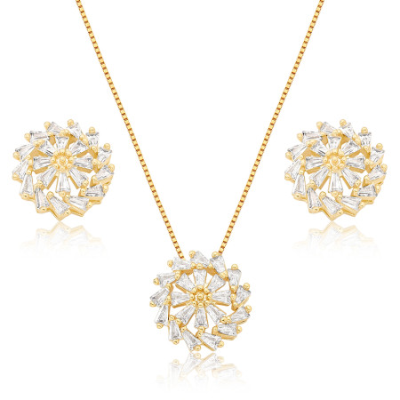 Conjunto Botão Vazado Cravejado c/ Zircônias Baguete Folheado a Ouro 18K