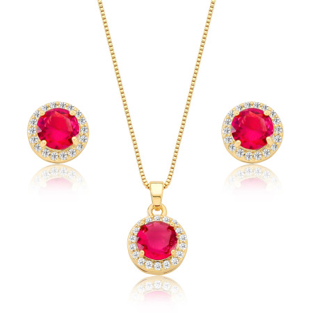 Conjunto Redondo Zircônia Rubi c/ Borda Cravejada 11mm Folheado a Ouro 18K