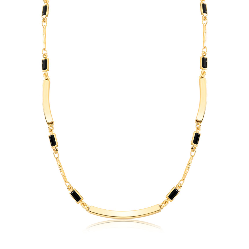 Gargantilha c/ Zircônias Negras e Tubos quadrados Folheada a Ouro 18k
