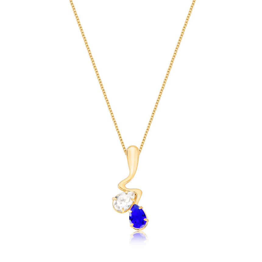 Gargantilha Gota Lisa e Zircônia Gota Cristal e Azul Folheado a Ouro 18k
