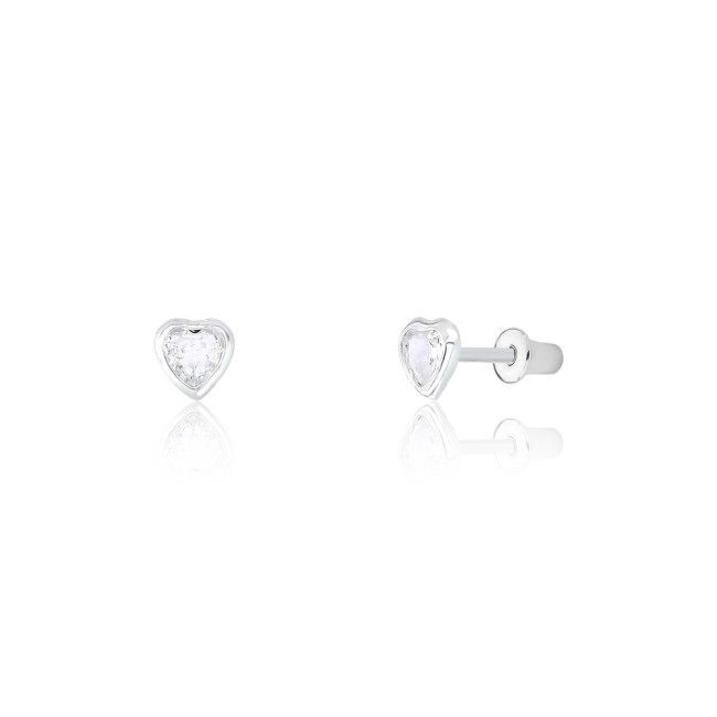 Brinco Prata Infantil Ponto Luz Coração Embutido 4mm Baby