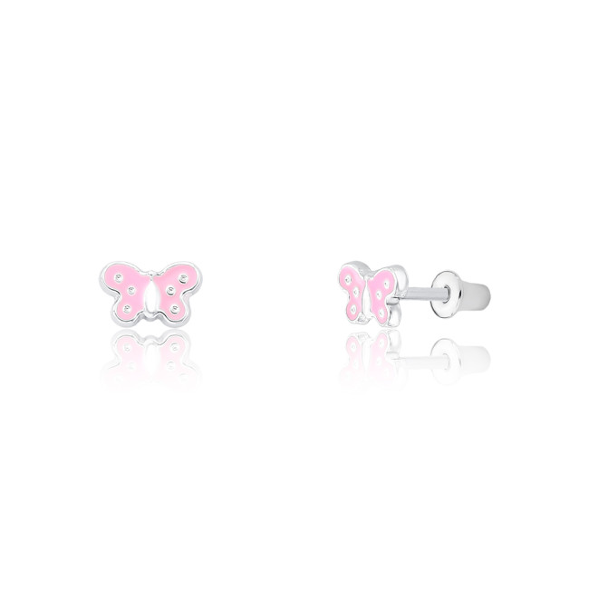 Brinco Prata Infantil Borboletinha Resina Rosa Baby