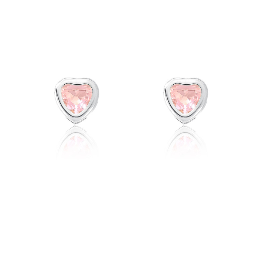 Brinco Prata Leve Coração Zircônia Rosa 7mm