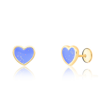 Brinco Infantil Coração Resina Lilás Glitter Baby Folheado a Ouro 18k