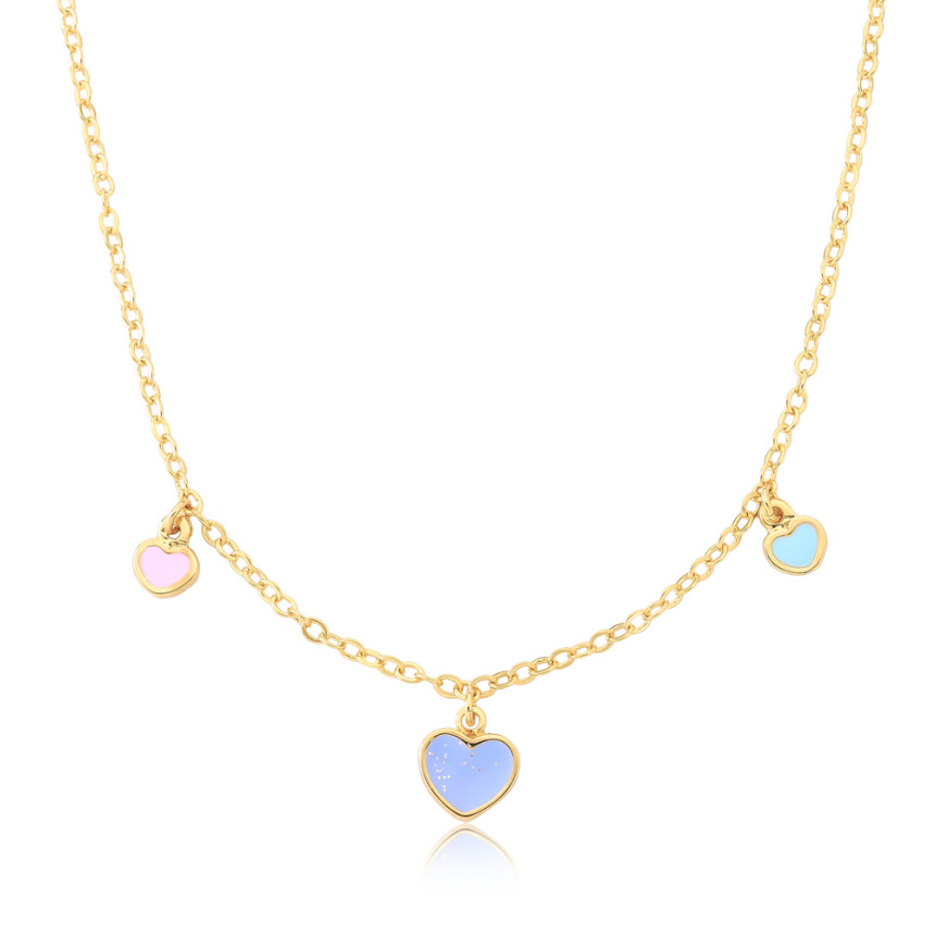 Gargantilha Infantil Corações Resina Colorida Glitter Folheada a Ouro 18k