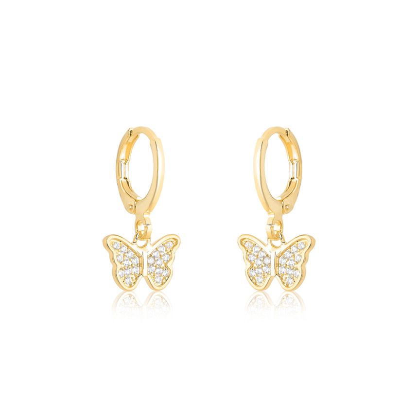 Argola Click 10mm c/ Pingente Borboleta Cravejada Folheada a Ouro 18k