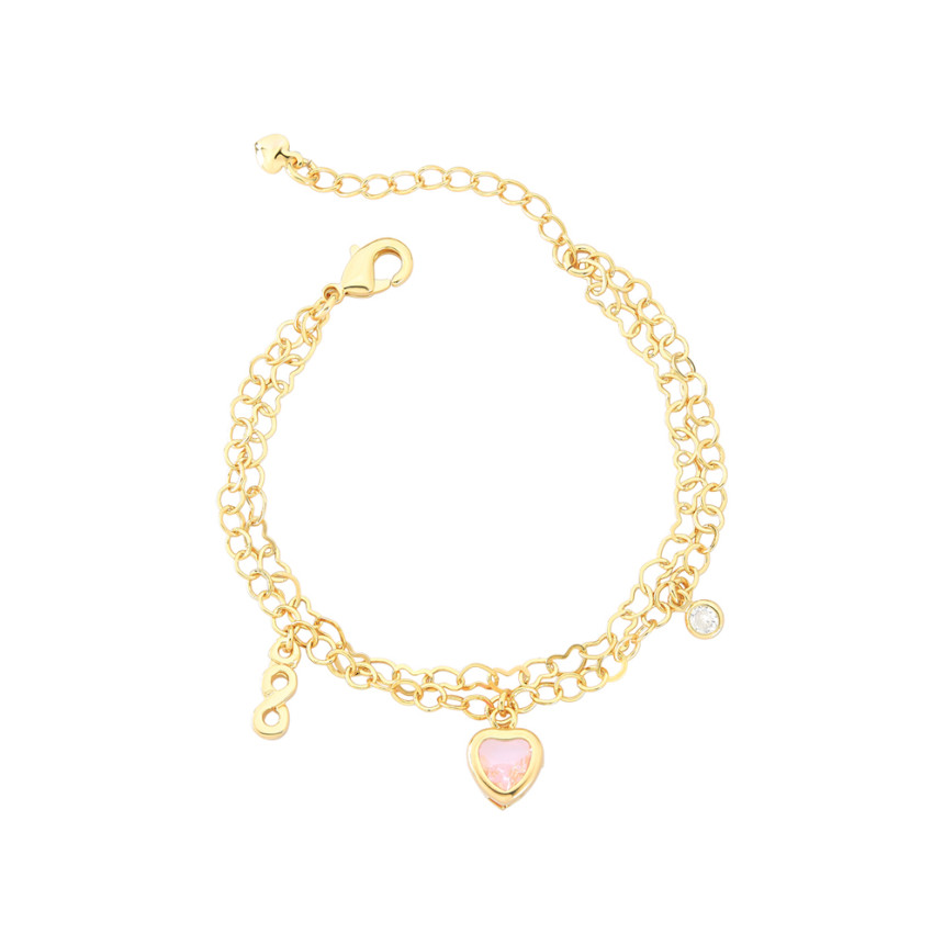 Pulseira Infantil Dupla Coração Zircônia Rosa Folheado a Ouro 18k
