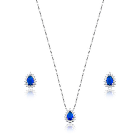 Conjunto Prata c/ Ródio Zircônia Gota Safira c/ Borda Cravejada 8mm