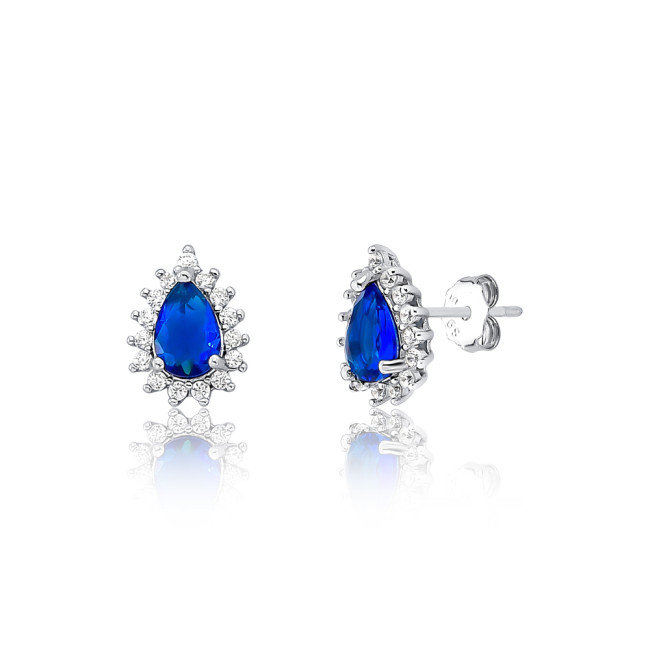 Conjunto Prata c/ Ródio Zircônia Gota Safira c/ Borda Cravejada 8mm