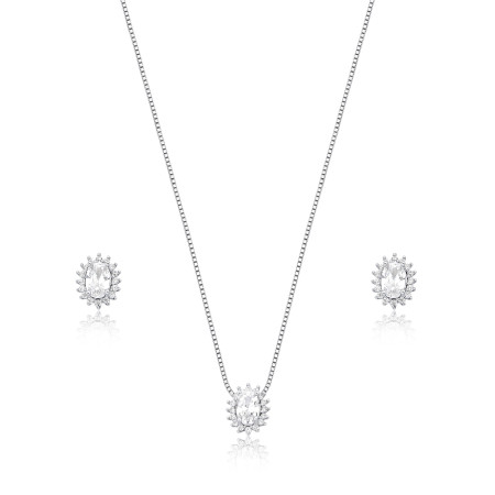 Conjunto Prata c/ Ródio Zircônia Oval c/ Borda Cravejada 8mm