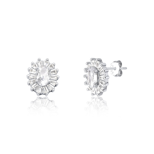Conjunto Prata c/ Ródio Zircônia Oval c/ Borda Cravejada Baguete 10mm