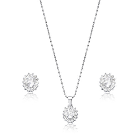 Conjunto Prata c/ Ródio Zircônia Oval c/ Borda Cravejada Baguete 10mm