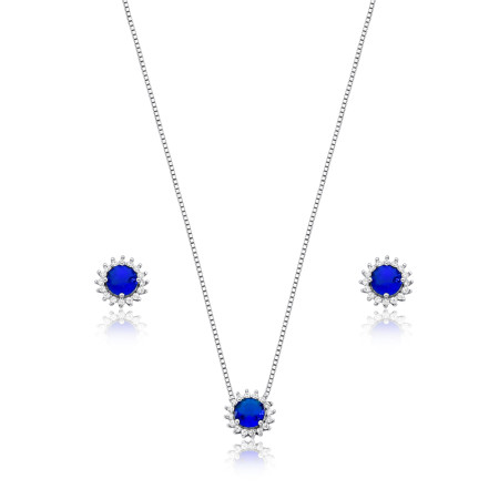 Conjunto Prata c/ Ródio Zircônia Redonda Safira c/ Borda Cravejada 8mm