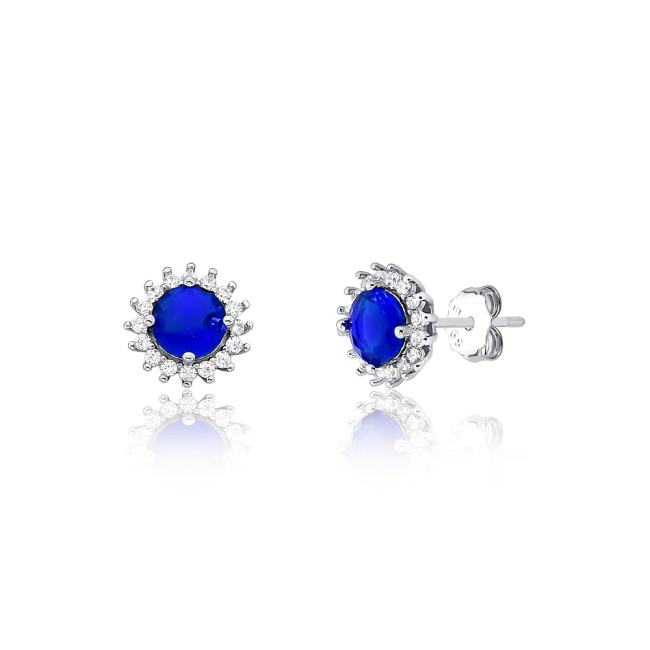 Conjunto Prata c/ Ródio Zircônia Redonda Safira c/ Borda Cravejada 8mm