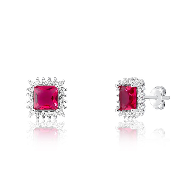Conjunto Prata c/ Ródio Zircônia Quadrada Rubi c/ Borda Cravejada 8mm